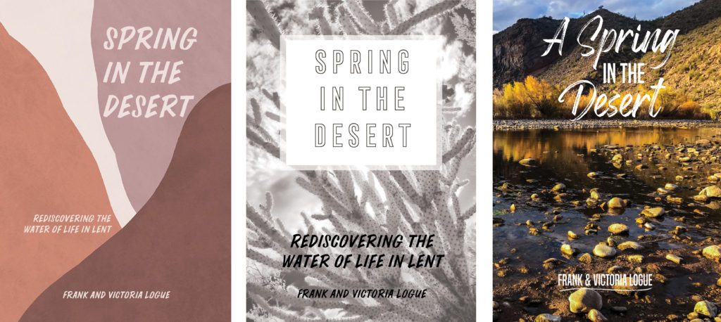 Three different versions of book cover design for A Spring in the Desert