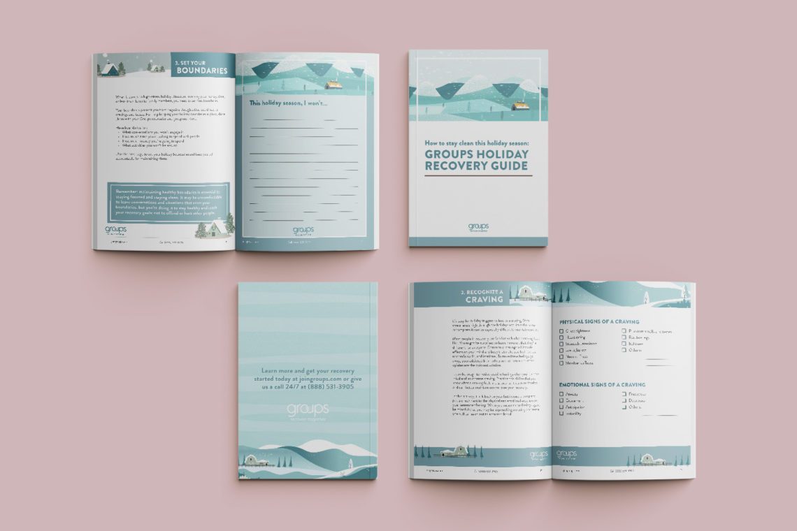 Booklet showcase of the Holiday Recovery Guide design