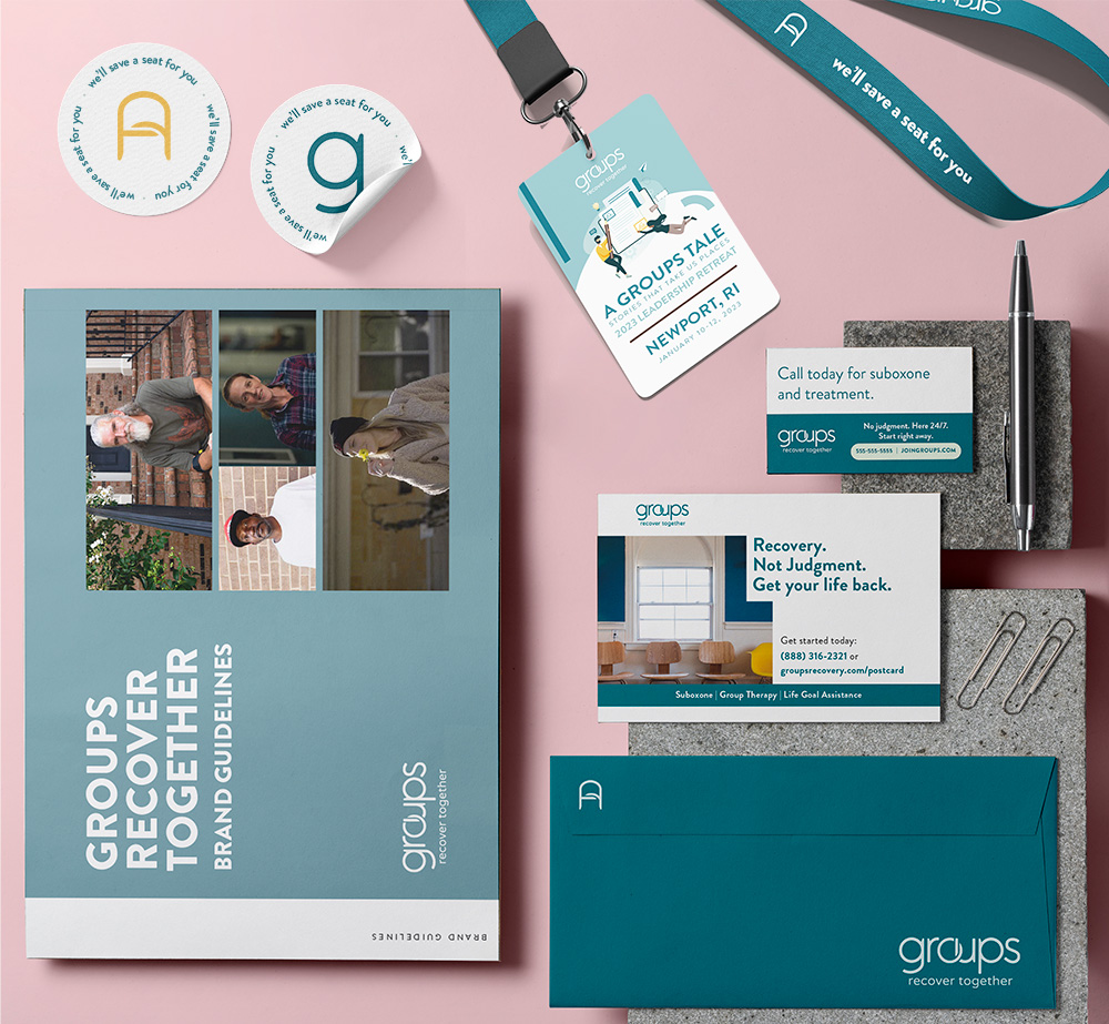 A collection of branded stationary for Groups Recover Together